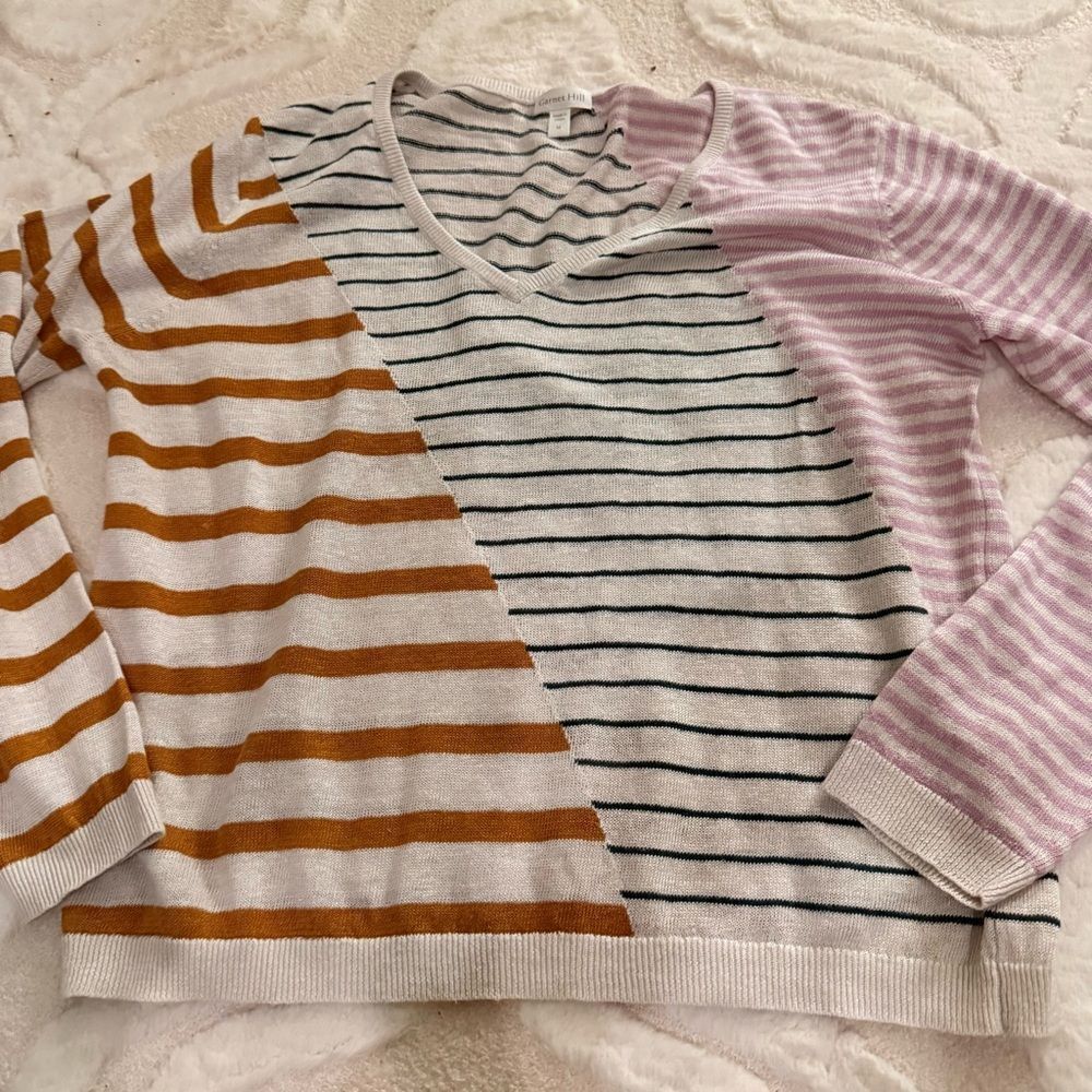 Garnet Hill V-Neck Sweater in Gold, Black, and Pink Stripes